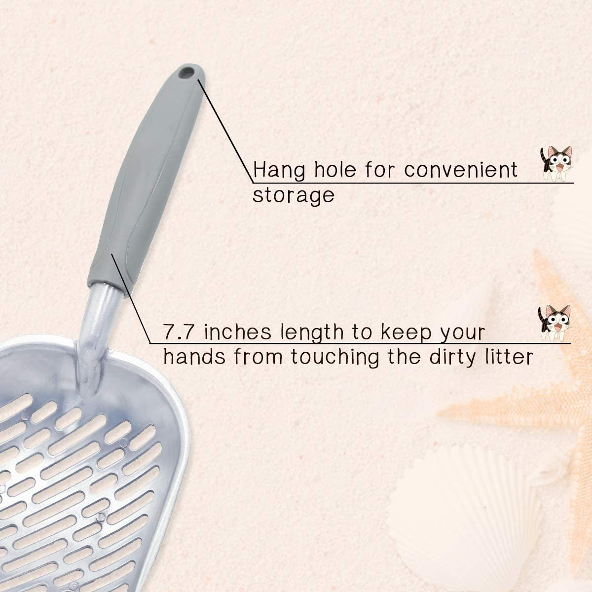 Durable Metal Cat Litter Scoop with Deep Shovel and Ergonomic Handle, Heavy-Duty Solid Aluminum, Jumbo Size, Grey
