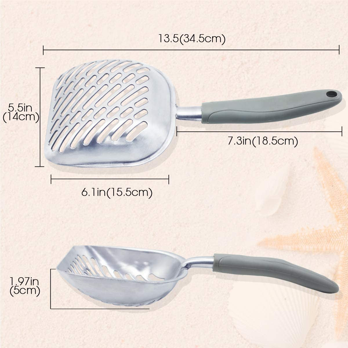 Durable Metal Cat Litter Scoop with Deep Shovel and Ergonomic Handle, Heavy-Duty Solid Aluminum, Jumbo Size, Grey