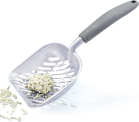 Durable Metal Cat Litter Scoop with Deep Shovel and Ergonomic Handle, Heavy-Duty Solid Aluminum, Jumbo Size, Grey